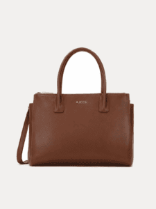 AJEES premium brown leather tote bag for women with gold embossed logo luxury handbag