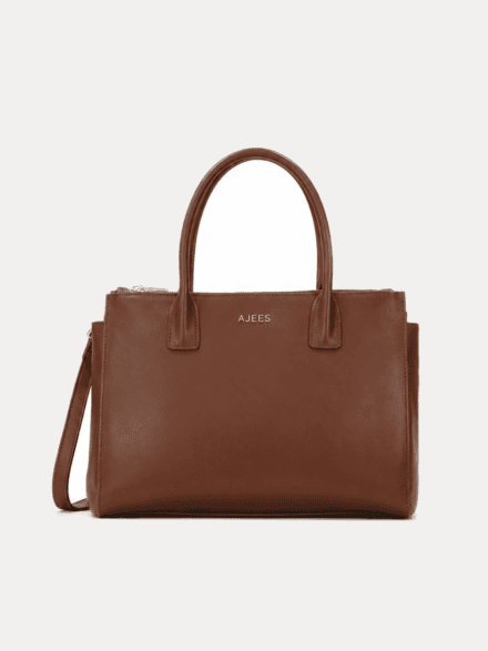 AJEES premium brown leather tote bag for women with gold embossed logo luxury handbag