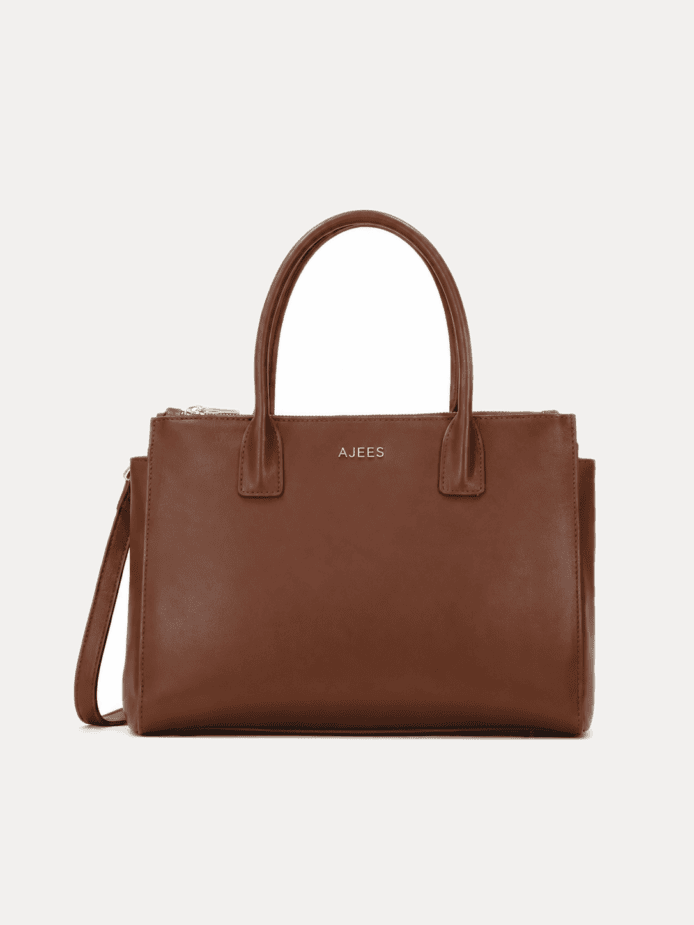AJEES premium brown leather tote bag for women with gold embossed logo luxury handbag