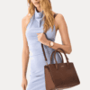 AJEES premium brown leather tote bag for women with gold embossed logo luxury handbag