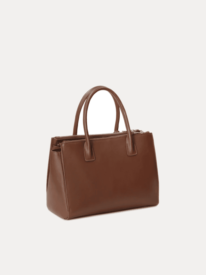 AJEES premium brown leather tote bag for women with gold embossed logo luxury handbag