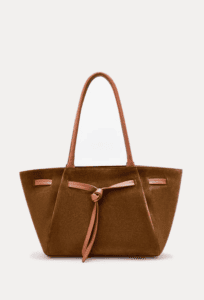 AJEES premium brown suede tote bag with leather handles and front knot design for women