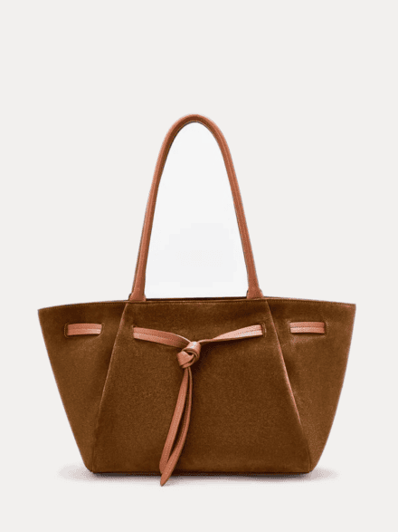AJEES premium brown suede tote bag with leather handles and front knot design for women