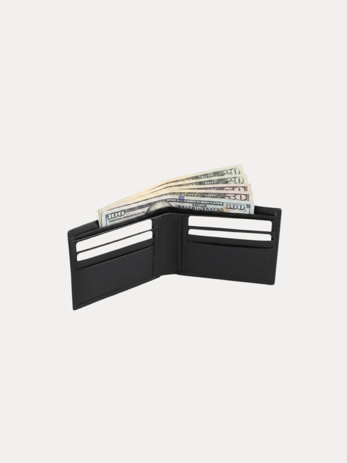AJEES black Genuine Leather Bifold Wallet for Men with ID Window, Zipper Pocket, Card Slots and Cash Compartments