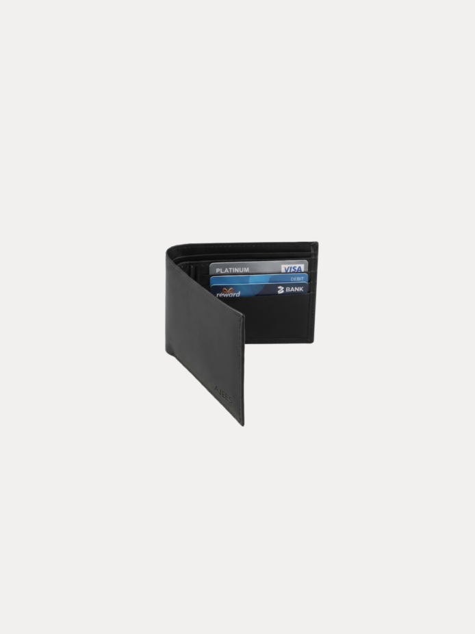 AJEES black Genuine Leather Bifold Wallet for Men with ID Window, Zipper Pocket, Card Slots and Cash Compartments