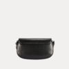 "Black premium leather saddle shoulder bag with curved handle, adjustable shoulder strap, and buckle detail - versatile women's crossbody bag"