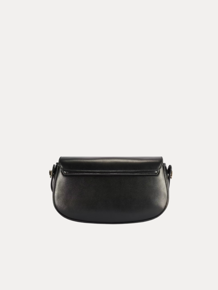 "Black premium leather saddle shoulder bag with curved handle, adjustable shoulder strap, and buckle detail - versatile women's crossbody bag"