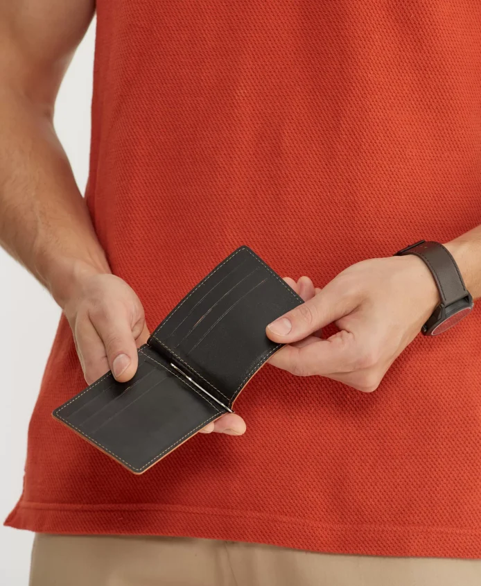 AJEES Premium Black Genuine Leather Money Clip Wallet for Men with Stainless Steel Money Clip and Multiple Card Slots