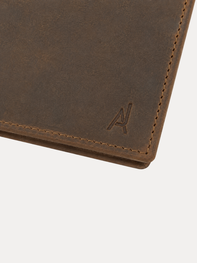AJEES berline men wallet genuine cow leather bifold wallet for men with RFID protection, 4 card slots, coin pocket, and cash compartments in brown leather.
