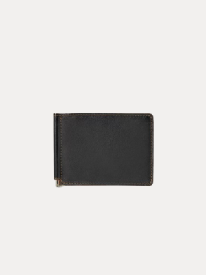 AJEES Premium Black Genuine Leather Money Clip Wallet for Men with Stainless Steel Money Clip and Multiple Card Slots