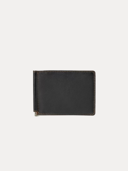 AJEES Premium Black Genuine Leather Money Clip Wallet for Men with Stainless Steel Money Clip and Multiple Card Slots