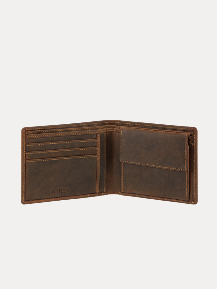 AJEES berline men wallet genuine cow leather bifold wallet for men with RFID protection, 4 card slots, coin pocket, and cash compartments in brown leather.