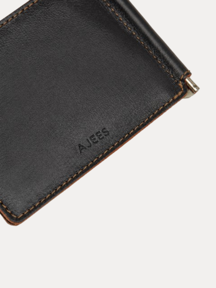 AJEES Premium Black Genuine Leather Money Clip Wallet for Men with Stainless Steel Money Clip and Multiple Card Slots