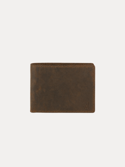 AJEES berline men wallet genuine cow leather bifold wallet for men with RFID protection, 4 card slots, coin pocket, and cash compartments in brown leather.
