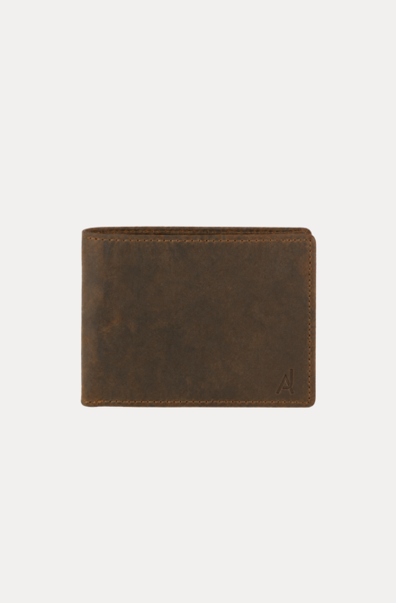 AJEES berline men wallet genuine cow leather bifold wallet for men with RFID protection, 4 card slots, coin pocket, and cash compartments in brown leather.