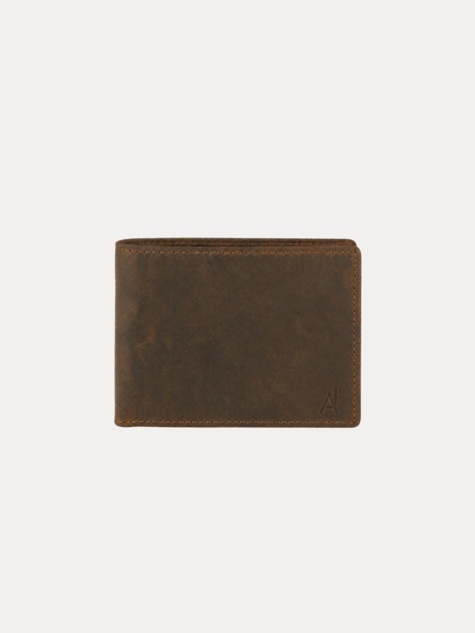 AJEES berline men wallet genuine cow leather bifold wallet for men with RFID protection, 4 card slots, coin pocket, and cash compartments in brown leather.
