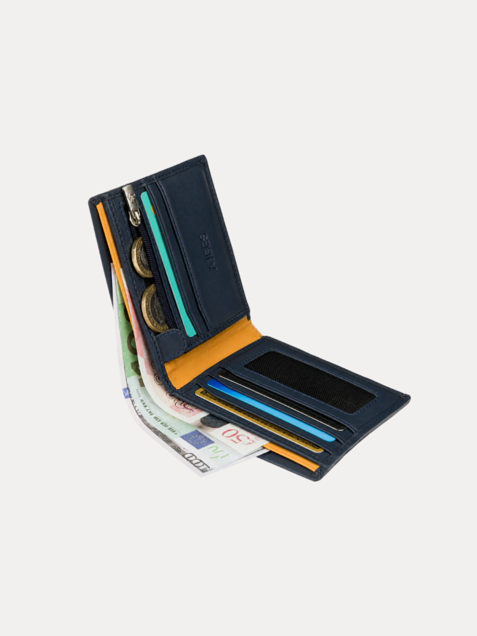 AJEES black Genuine Leather Bifold Wallet for Men with ID Window, Zipper Pocket, Card Slots and Cash Compartments