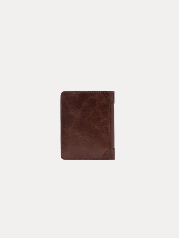 AJEES SPLIT men's genuine brown leather wallet with multiple card slots, transparent ID window, hidden pockets, and cash compartments.