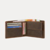 AJEES berline men wallet genuine cow leather bifold wallet for men with RFID protection, 4 card slots, coin pocket, and cash compartments in brown leather.