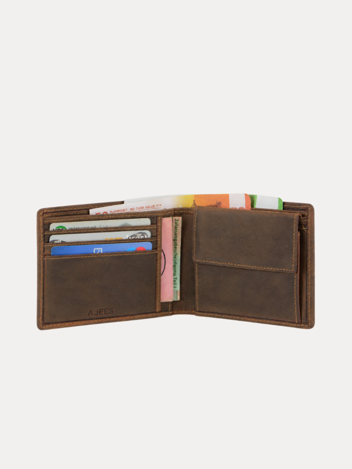 AJEES berline men wallet genuine cow leather bifold wallet for men with RFID protection, 4 card slots, coin pocket, and cash compartments in brown leather.