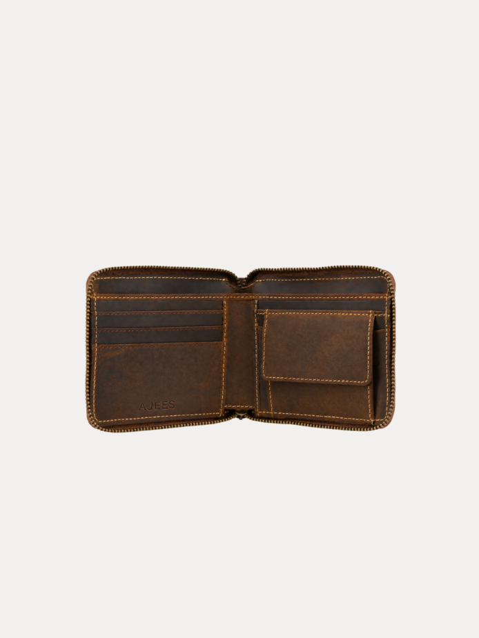 AJEES genuine brown leather osaka men wallet for men with multiple card slots, coin pocket and premium cow leather finish.
