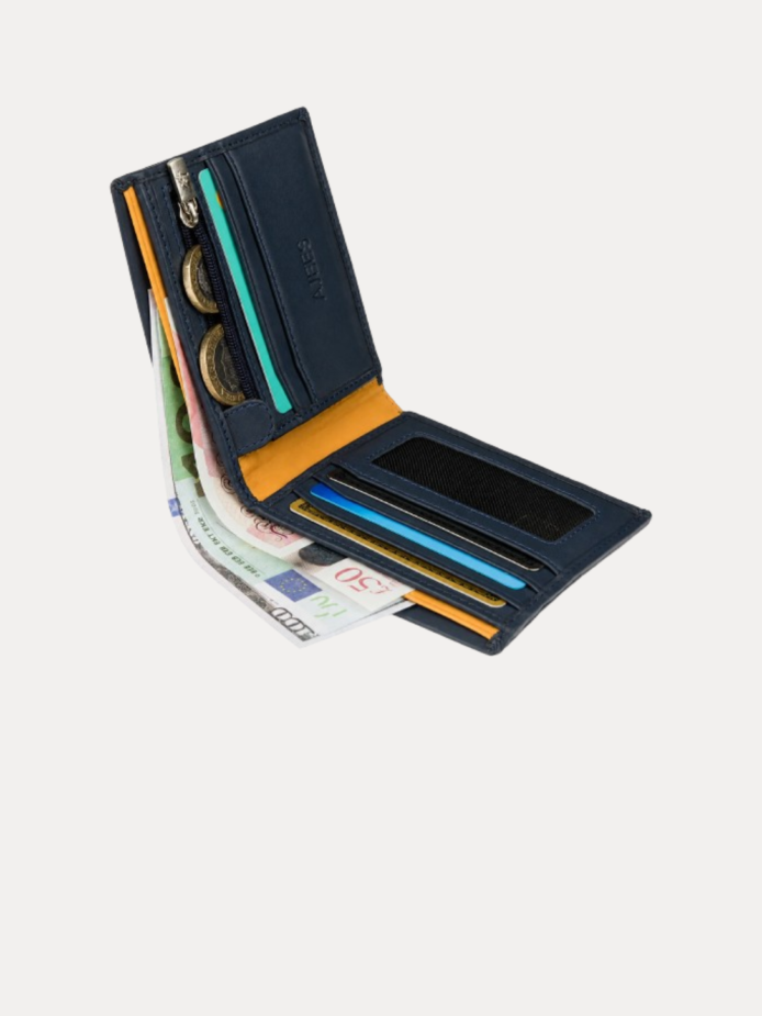 AJEES Navy Blue Genuine Leather Bifold Wallet for Men with ID Window, Zipper Pocket, Card Slots and Cash Compartments