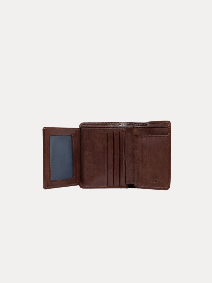 AJEES SPLIT men's genuine brown leather wallet with multiple card slots, transparent ID window, hidden pockets, and cash compartments.