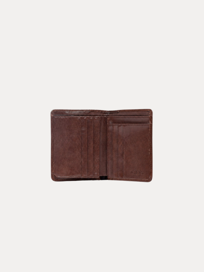 AJEES SPLIT men's genuine brown leather wallet with multiple card slots, transparent ID window, hidden pockets, and cash compartments.