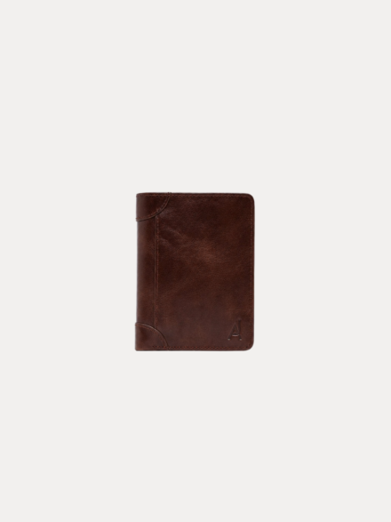AJEES SPLIT men's genuine brown leather wallet with multiple card slots, transparent ID window, hidden pockets, and cash compartments.