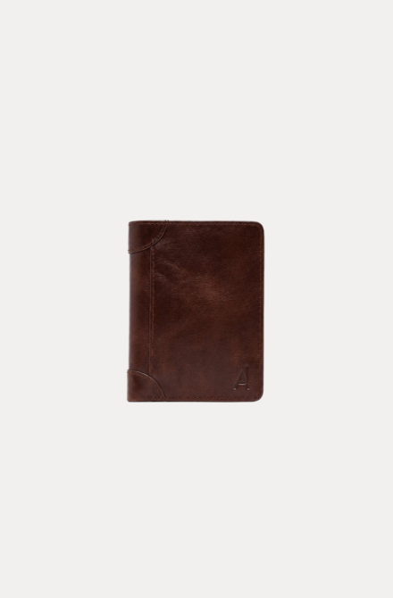 AJEES SPLIT men's genuine brown leather wallet with multiple card slots, transparent ID window, hidden pockets, and cash compartments.
