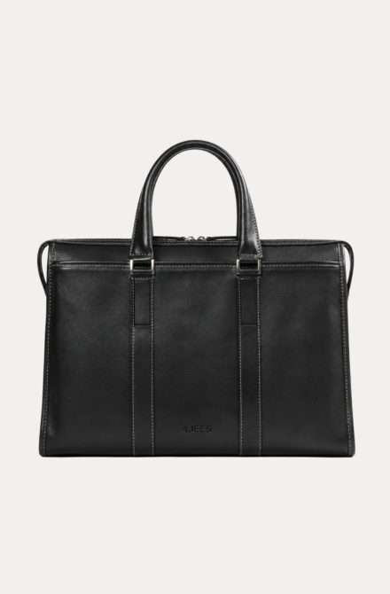 Black leather laptop briefcase with double handles and shoulder strap – AJEES Regal Laptop Bag