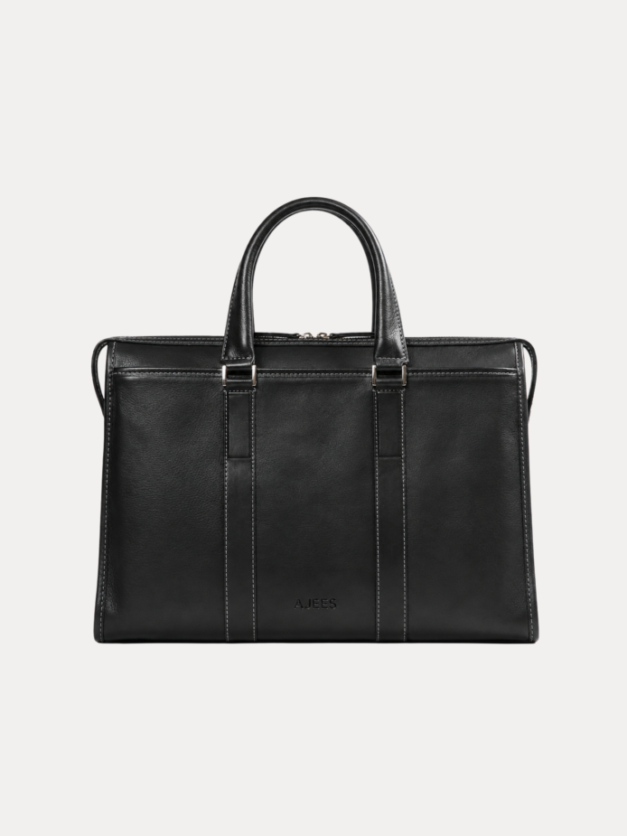 Black leather laptop briefcase with double handles and shoulder strap – AJEES Regal Laptop Bag