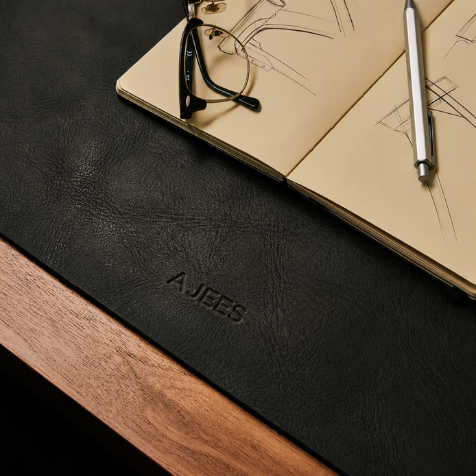 AJEES Premium Leather Desk Mat with laptop and mouse on a black leather office desk mat.