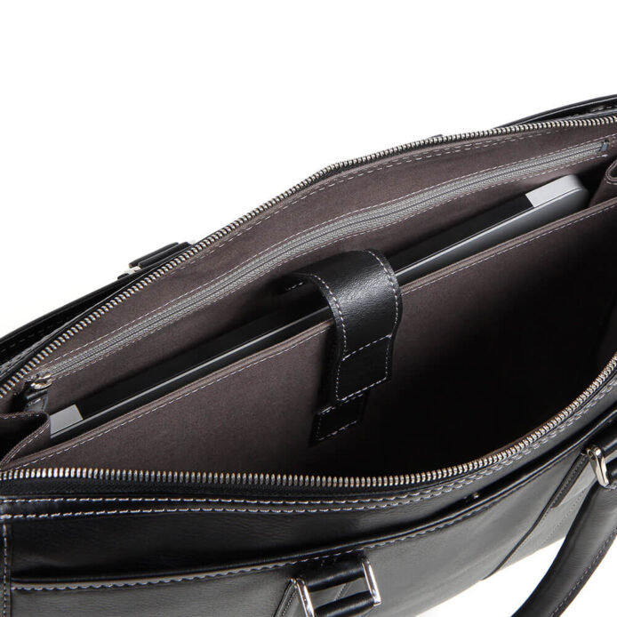 Black leather laptop briefcase with double handles and shoulder strap – AJEES Regal Laptop Bag