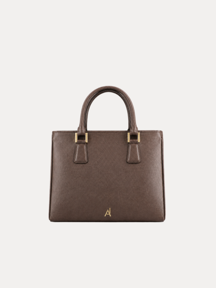 Brown saffiano leather handbag for women with gold-tone hardware and dual handles