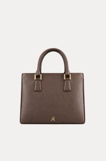 Brown saffiano leather handbag for women with gold-tone hardware and dual handles