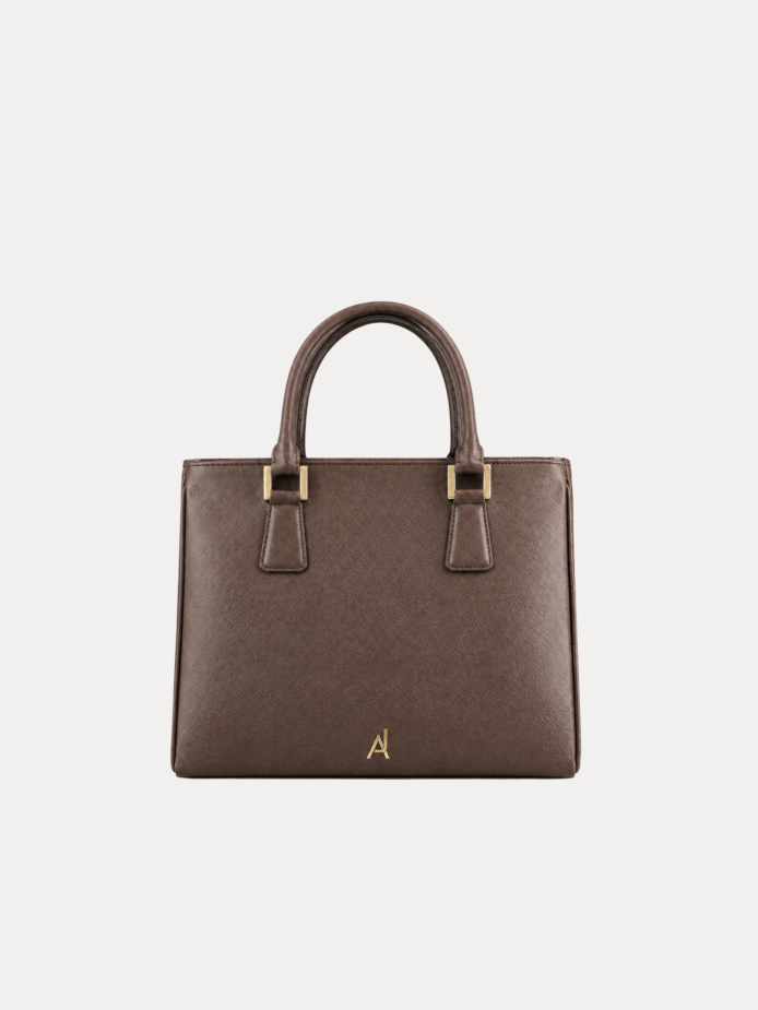 Brown saffiano leather handbag for women with gold-tone hardware and dual handles