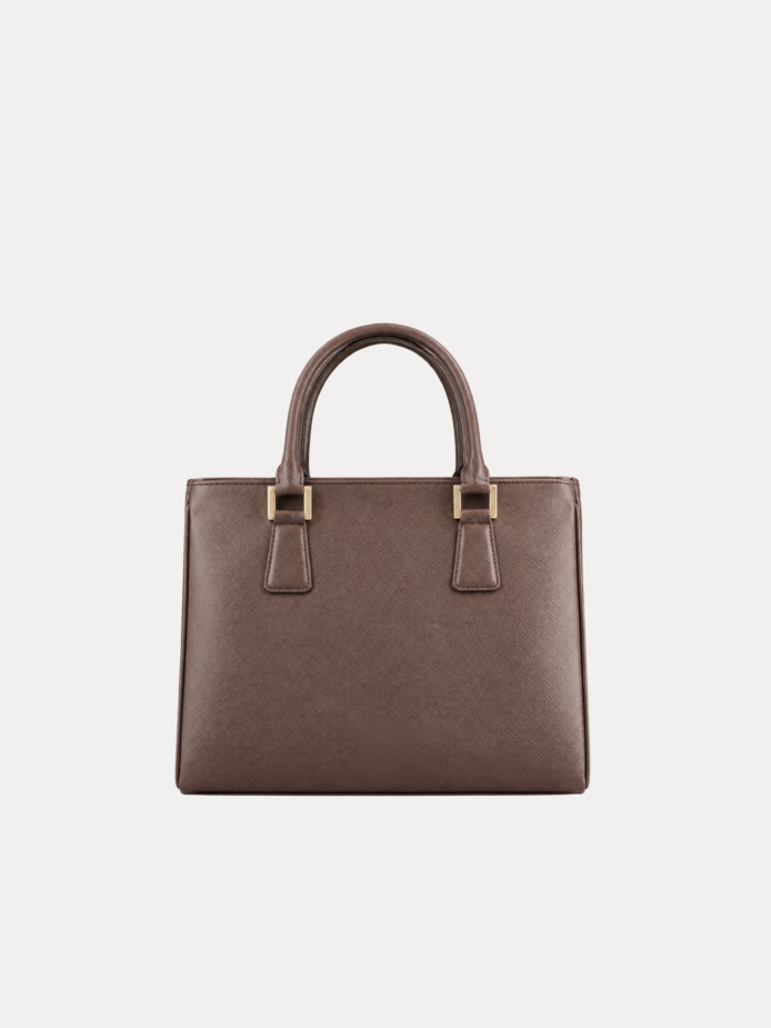 Brown saffiano leather handbag for women with gold-tone hardware and dual handles