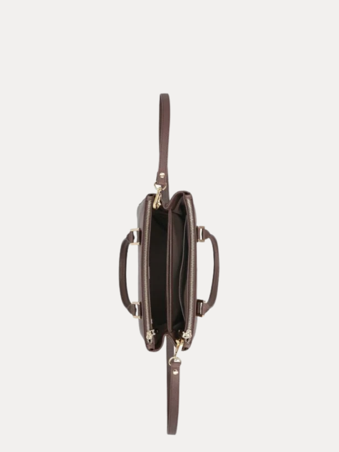 Brown saffiano leather handbag for women with gold-tone hardware and dual handles