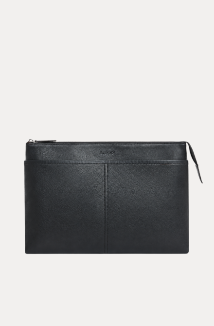 Delsaro black leather travel bag by AJEES Leather with minimalist design and premium textured leather.