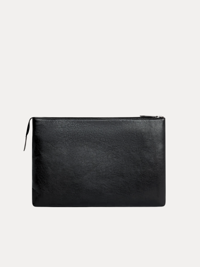 Delsaro black leather travel bag by AJEES Leather with minimalist design and premium textured leather.