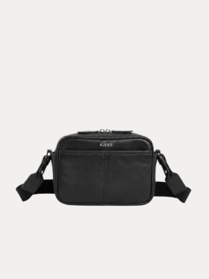 Black leather Daven Travel Bag crossbody with adjustable strap