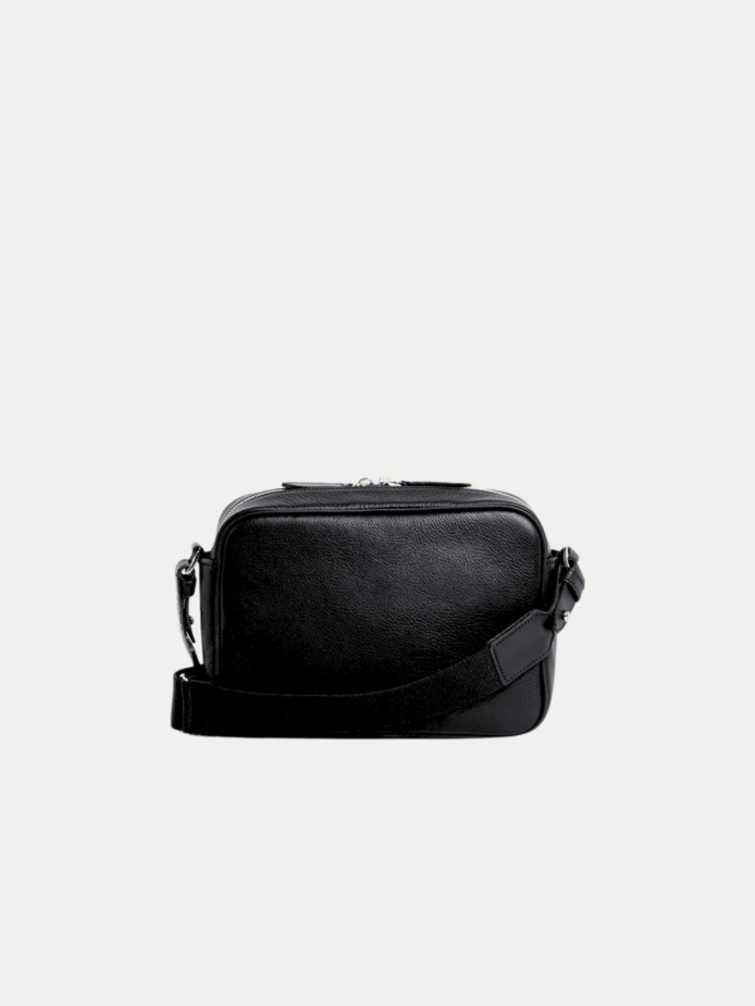 Black leather Daven Travel Bag crossbody with adjustable strap