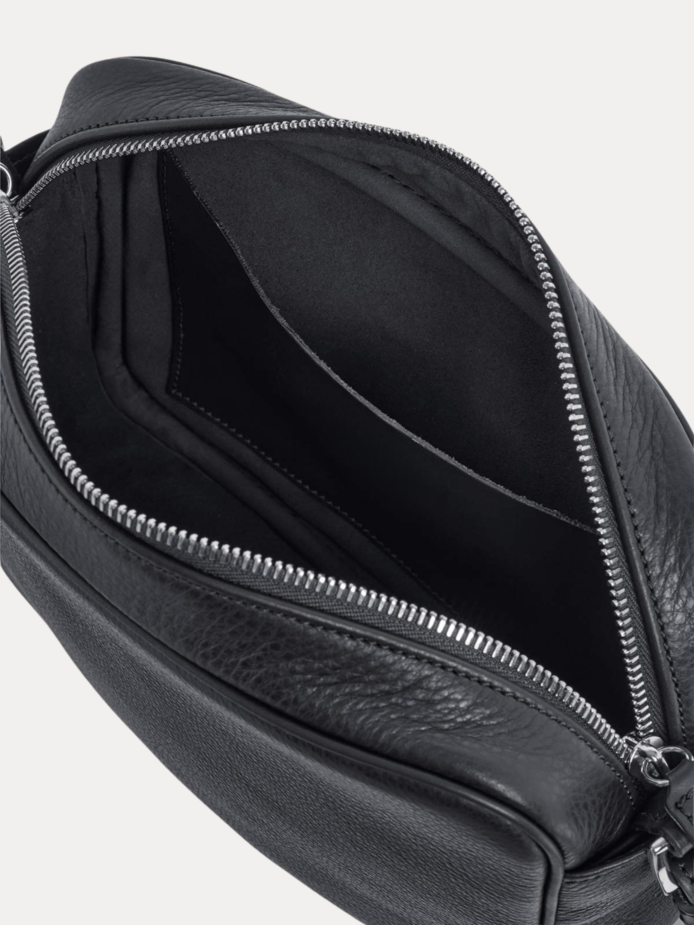 Black leather Daven Travel Bag crossbody with adjustable strap