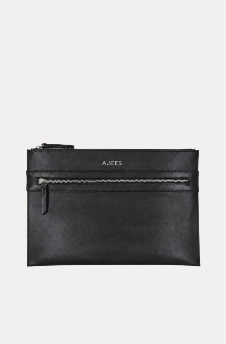 Black leather Iron Travel Bag with front zip pocket by AJEES