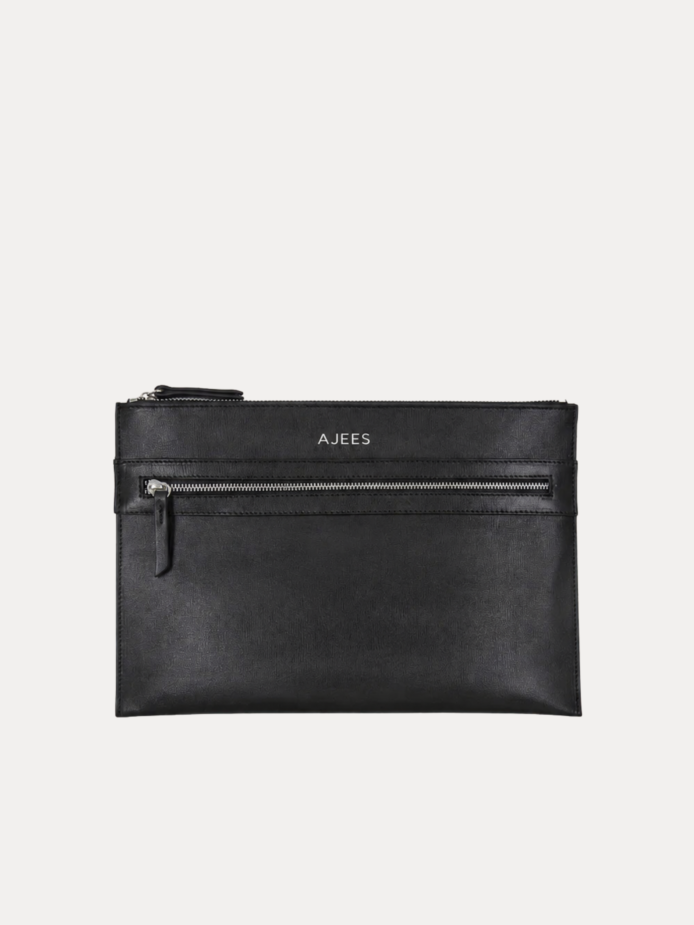 Black leather Iron Travel Bag with front zip pocket by AJEES