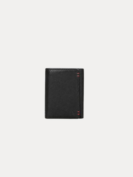Black leather trifold card holder wallet for men with red stitch detail – Virello