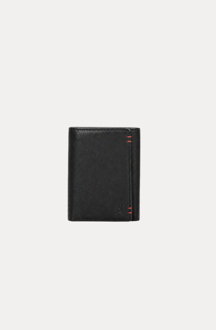 Black leather trifold card holder wallet for men with red stitch detail – Virello