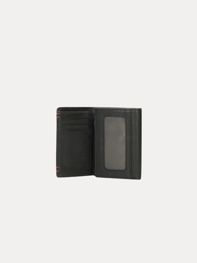 Black leather trifold card holder wallet for men with red stitch detail – Virello