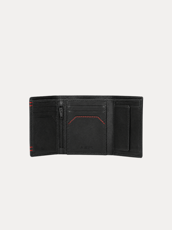 Black leather trifold card holder wallet for men with red stitch detail – Virello